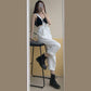 One-shoulder Overalls Female Student Jeans Autumn  Summer Black  White Pants Loose Thin High-waisted Wide-leg Pants