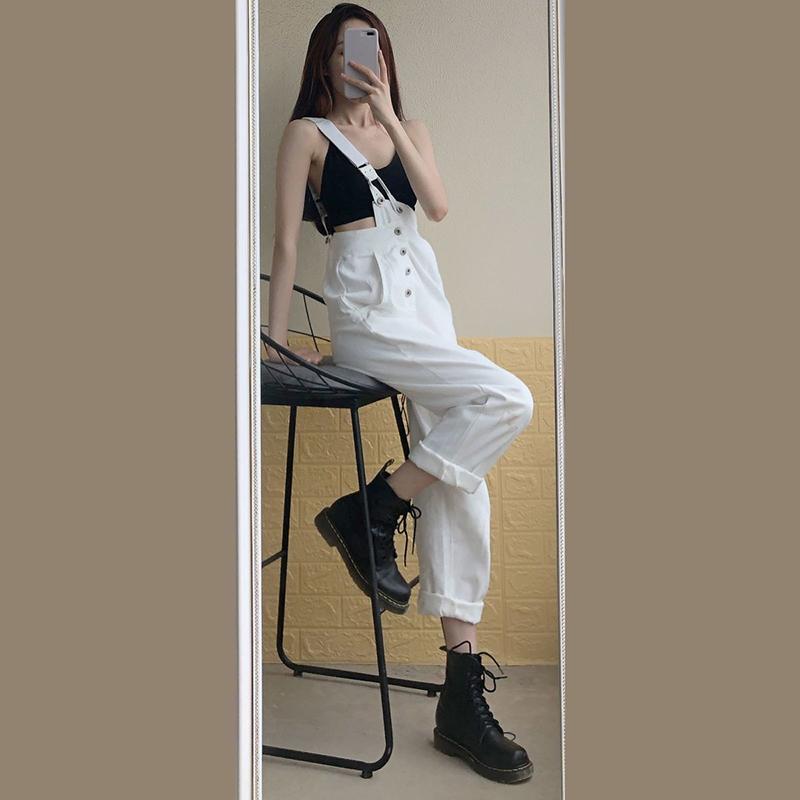 One-shoulder Overalls Female Student Jeans Autumn  Summer Black  White Pants Loose Thin High-waisted Wide-leg Pants