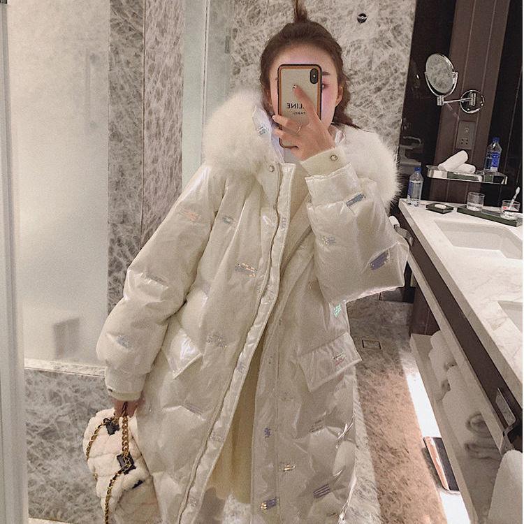 Fluffy Big Fur Collar Disposable Sequins Shiny Down Padded Jacket Women Mid-length Thick Loose Bread Coat Warm Cotton Coat Jacket Women