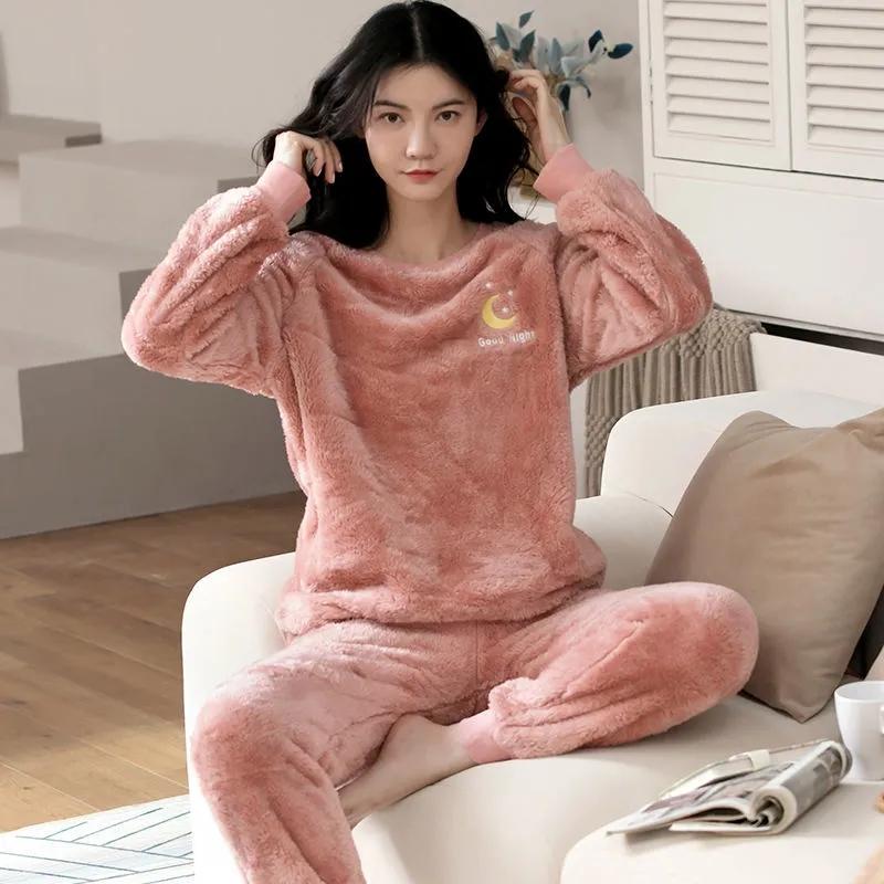 Coral Fleece Pajamas Women Autumn Winter Sleepwear Thick Warm Velvet Homewear Top and Pant Suit Cartoon Cute Nightwear O Neck Pullover Long Sleeve