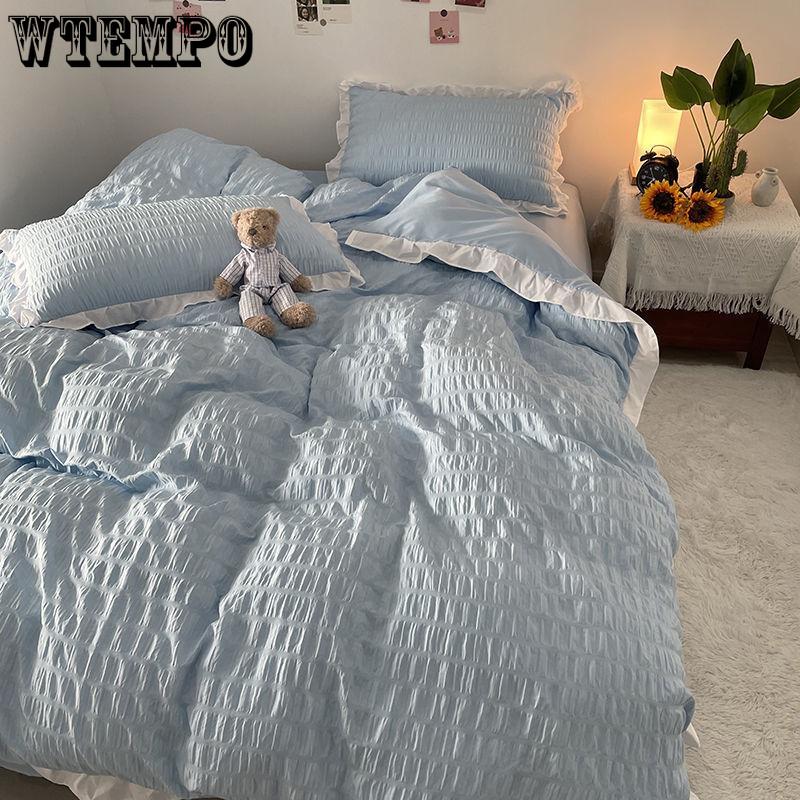 Princess Style Washed Cotton Seersucker Four-piece Solid Color Bedding Quilt Cover Sheet Four Seasons Universal