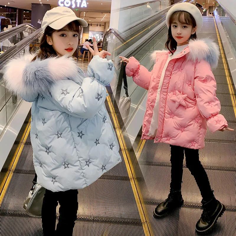 Girls Winter Warm Cotton Jacket Thicken Plus Fleece Large Fur Collar Windproof Winter Clothes