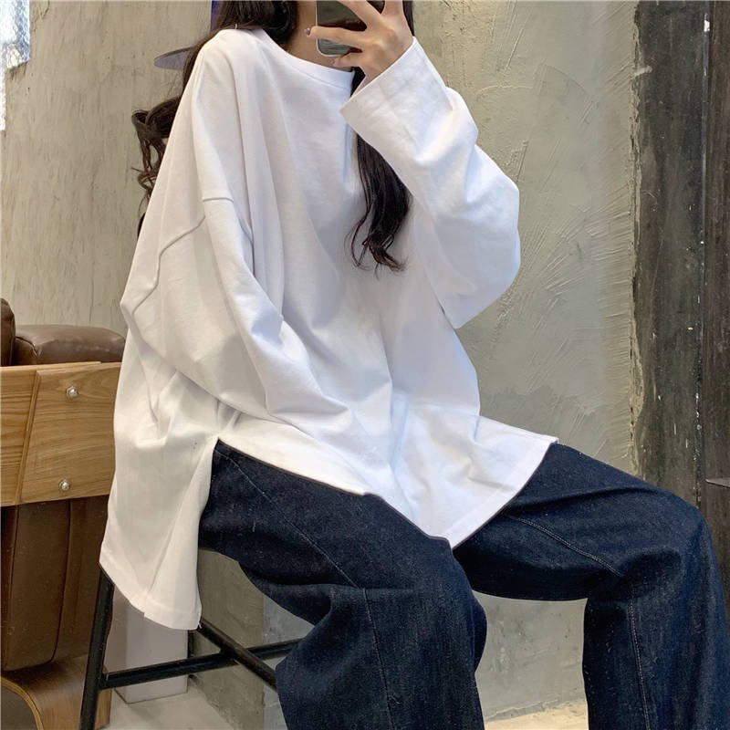 T Shirt Casual Loose Clothes Tops Harajuku Pure color Leisure Long Women Pullover Tee