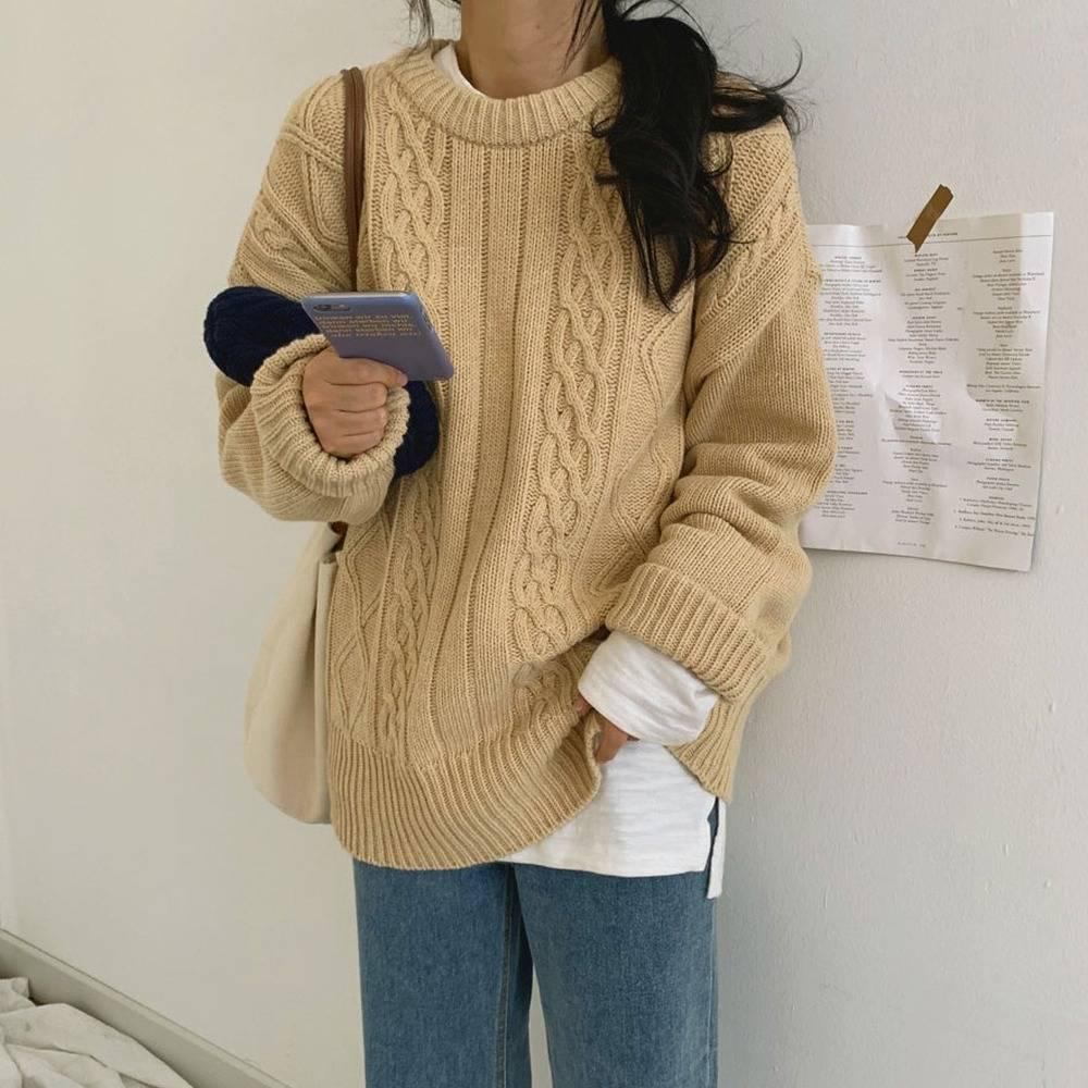 Pofuove Autumn Winter College Wind Twist Round Neck Sweater Girl Student Loose Wild Knitted Top