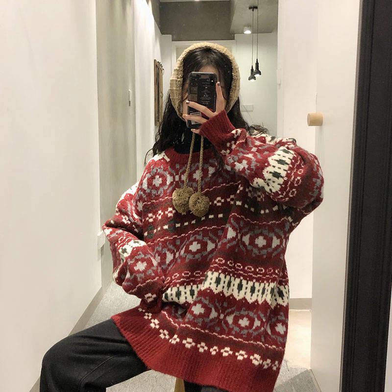 Pofulove Autumn Winter Loaded Cherry Red Jacquard Christmas Sweater Women Loose Pullover Sweater