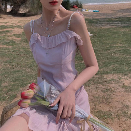 Sling Dress Slimming Short Skirt Female Gentle Wind Sweet Cute Sling Dress Ladies Dress Fabric Light and Breathable Ruffled Cute Princess Style