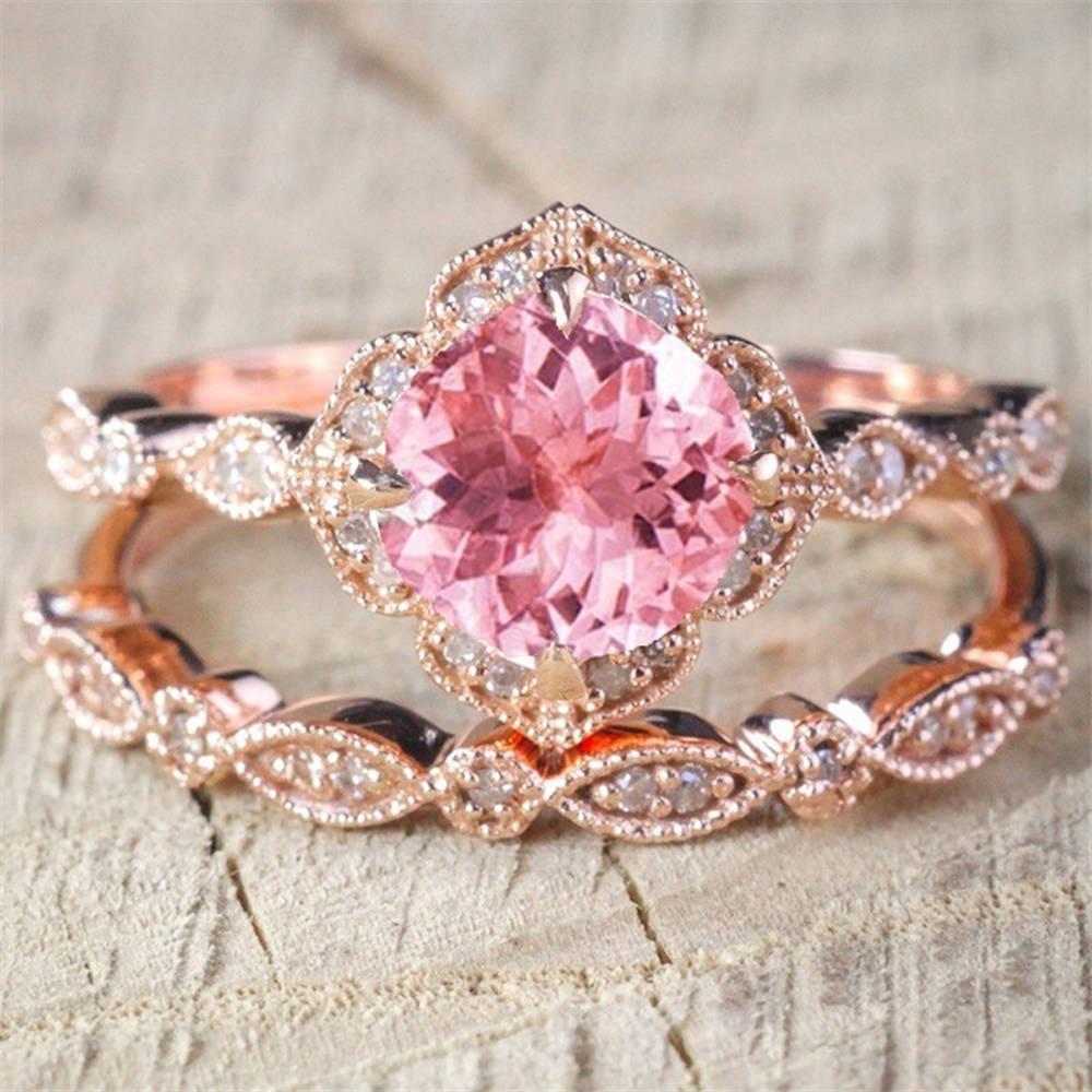 Vintage Rose Gold Rings Set Double-layer Ring Large Shining Zircon Ring Romantic Floral Rings Set