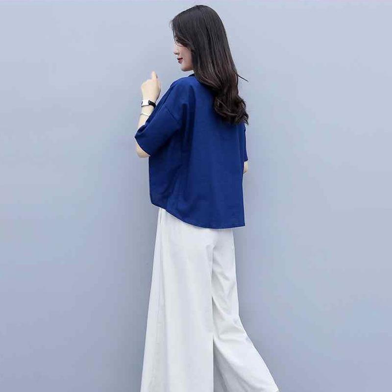 Cotton and Linen Large Size Loose Round Neck Short-sleeved Shirt Casual Wide-leg Pants Two-piece Fabric Lightweight Breathable Large Size Ladies Suit
