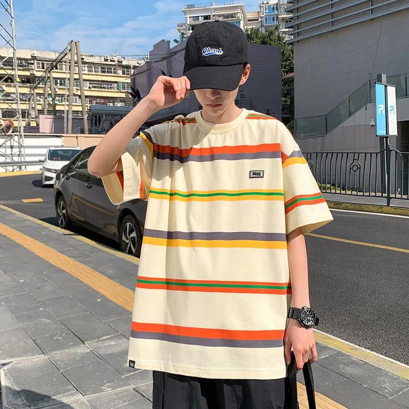 Striped T-shirt Men's Loose Large Size Summer Short-sleeved Shirt with Summer New Style Youth Short-sleeved
