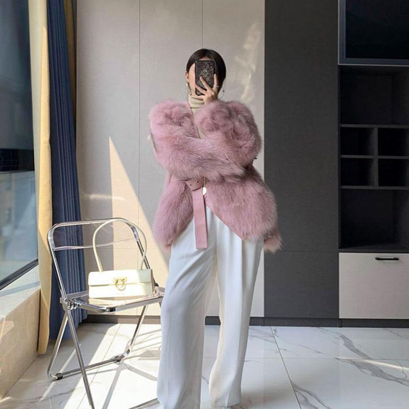 Fur Coat Winter Ladies Retro Fashion V-neck Waist Thickened Warm Mid-length Fur All-in-one Plush Jacket
