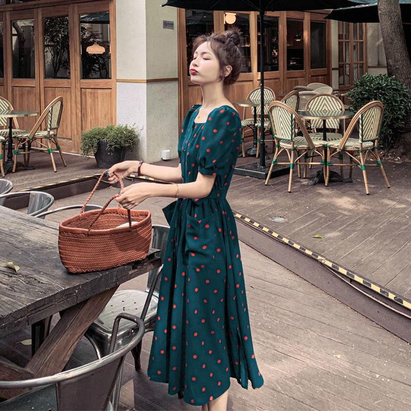Dress Women's Waist Chiffon Over The Knee Square Collar Retro Casual Fashion French Summer Skirt