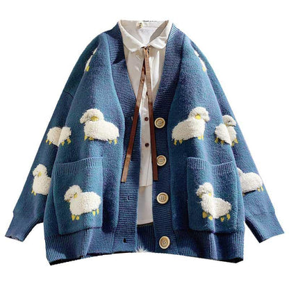 New Sweater Cardigan Female Loose Street Knit Sweater Cute Cartoon Print V Neck Cardigan Jacket Tops