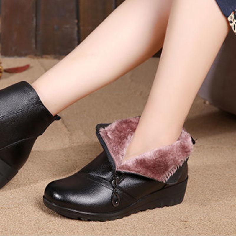 Soft Leather Non-slip Autumn and Winter Plus Velvet Side Zipper Cotton Boots Women Lace-up Ankle Boots