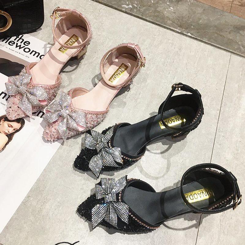 Gentle Style Rhinestone Bow Sequin Pointed Sandals Versatile Lace-up Thick Heel High Heels