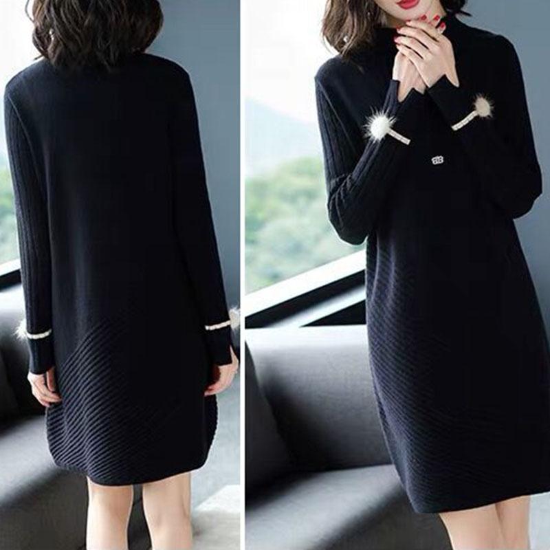 Autumn and Winter Long Thick A-line Knitted Dress Women Loose Pullover Sweater Dress Bottoming Wool Sweater