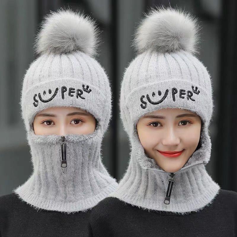 Zipper Hat Autumn and Winter Knitted Ear Protection Woolen Cap Mask Warmth and Velvet Thickening All-match Cycling Hood