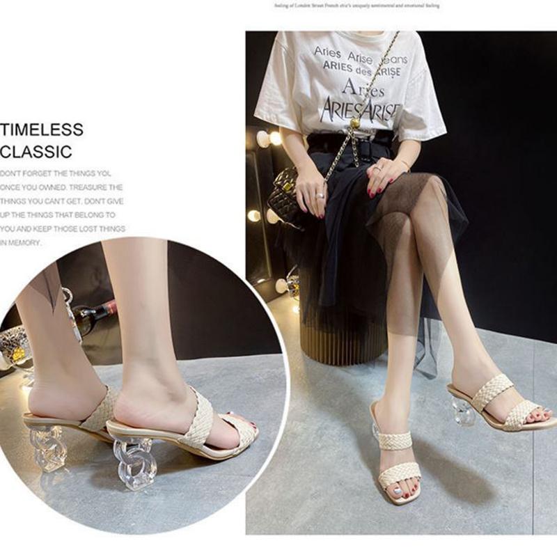 High-heeled Slippers Women's Summer Wear Fashion Woven Sandals Bohemian Ethnic Style Crystal Thick Heel Women's Summer Wear
