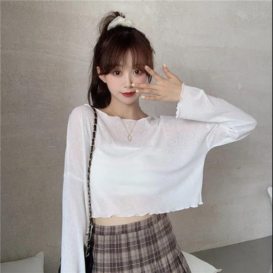 Fall Version of Pure Color Loose Simple Long-sleeved Fall T-shirt Women Simple Pure Color Bottoming Tee Blouse