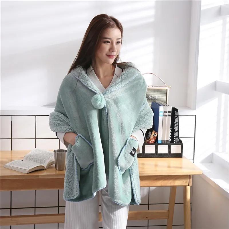 Autumn  Winter Multi functional Shawl Blanket Office Nap Blanket Thick Flannel Lamb Wool Blanket Knee Blanket Fur Ball Pocket Mantle Shawl