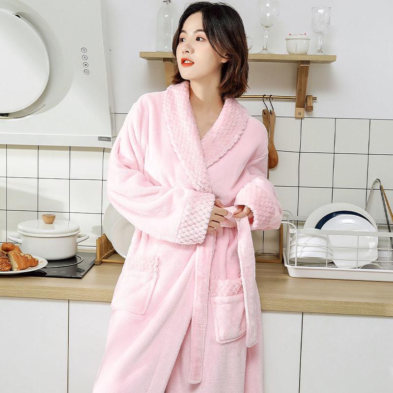 Night Gown Women Autumn and Winter Long Coral Fleece Plus Velvet Thick Bathrobe Flannel Men's Pajamas Winter Home Service