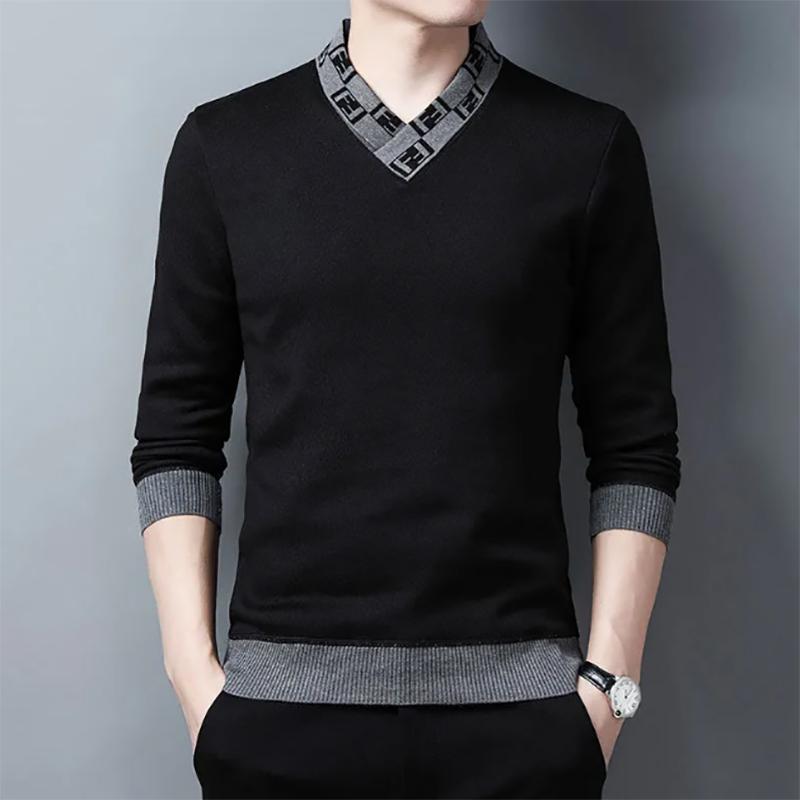 Men's Autumn and Winter V-neck Sweatshirts Thickened Knit Sweater Pullover Warm Bottoming Sweater for Men