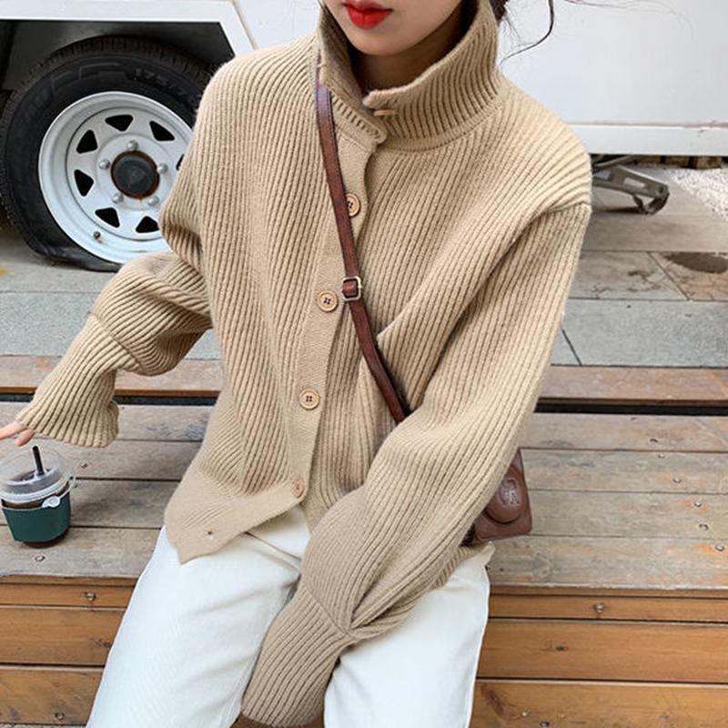 Spring  Autumn Design Sense Lapel Solid Color Vertical Pattern Sweater Cardigan Girl Student Casual Fashion All-match Knitted Cardigan