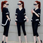Women's Temperament Slim and Thin Hit Color T-shirt Shorts Chiffon Suit Two-piece V-neck Loose Top Cover Belly and Thin Ladies Temperament Suit