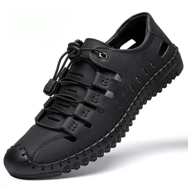 Men's Genuine Leather Breathable Leather Sandals Men's Casual Hollow Hole Shoes Non-slip Soft Sole Leather Sandals