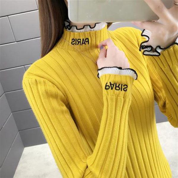 Autumn and Winter Lace Half High Neck Bottoming Shirt Slim Knit Warm Sweater Fashion Simple Female Top