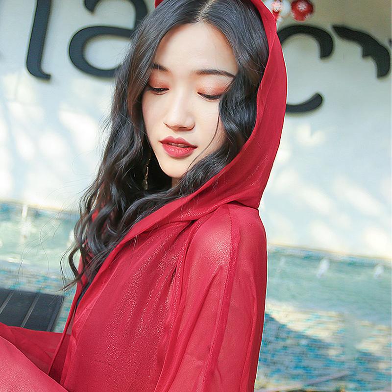 Hooded Chiffon Cardigan Women's Sun Protection Clothing Sun-Dress Plus Size Shawl Loose Outer Thin Coat Beach