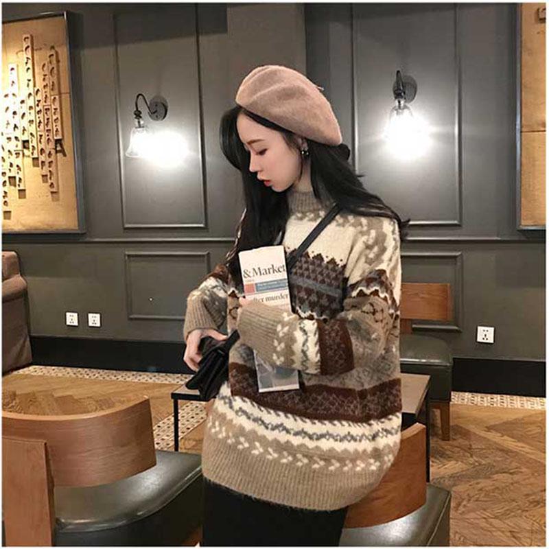 Hong Kong Wind Winter Pullover Sweater Women Loose Loose Lazy Round Neck Long Sleeve Bottoming Shirt
