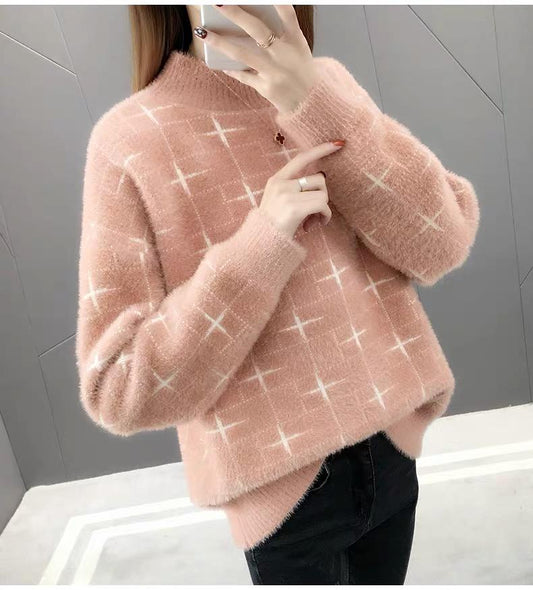 Autumn Warm Thick Turtleneck Sweater Women Loose Long Sleeve Ladies Faux Mink Velvet Pullover