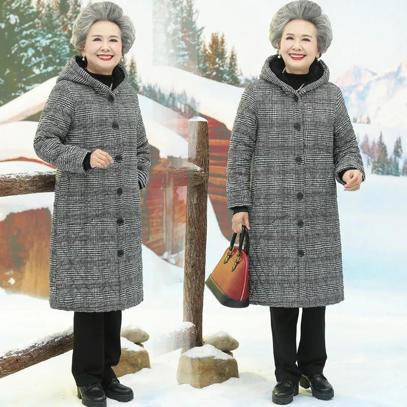 Middle-aged and Elderly Women's Grandmother Winter Padded Jacket Mid-length Plus Velvet Thickening Elderly Mother's Coat