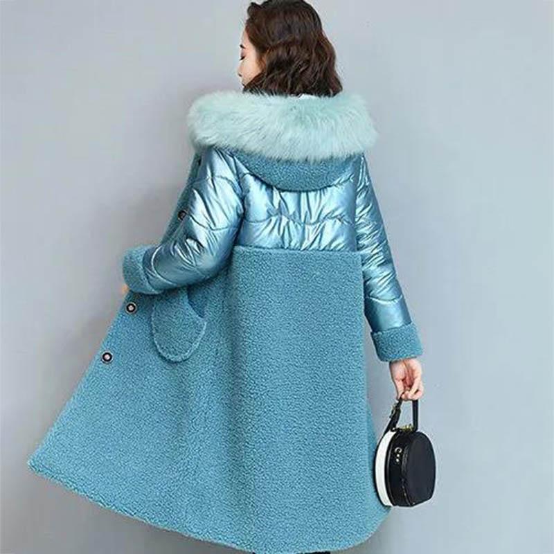 Autumn and Winter Mid-length Fur Women's Coat with Grained Pile Loop Fleece Faux Fox Fur Collar Faux Lamb Fleece Coat