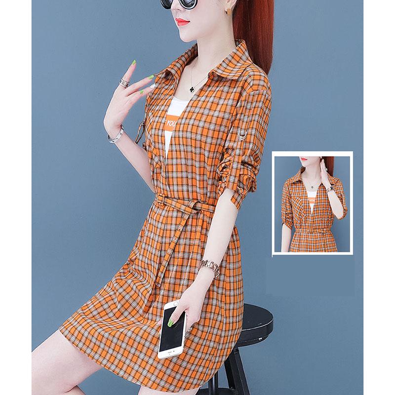 Pofulove Summer dress plus size women's plaid dress slim short sleeve shirt dress with pocket