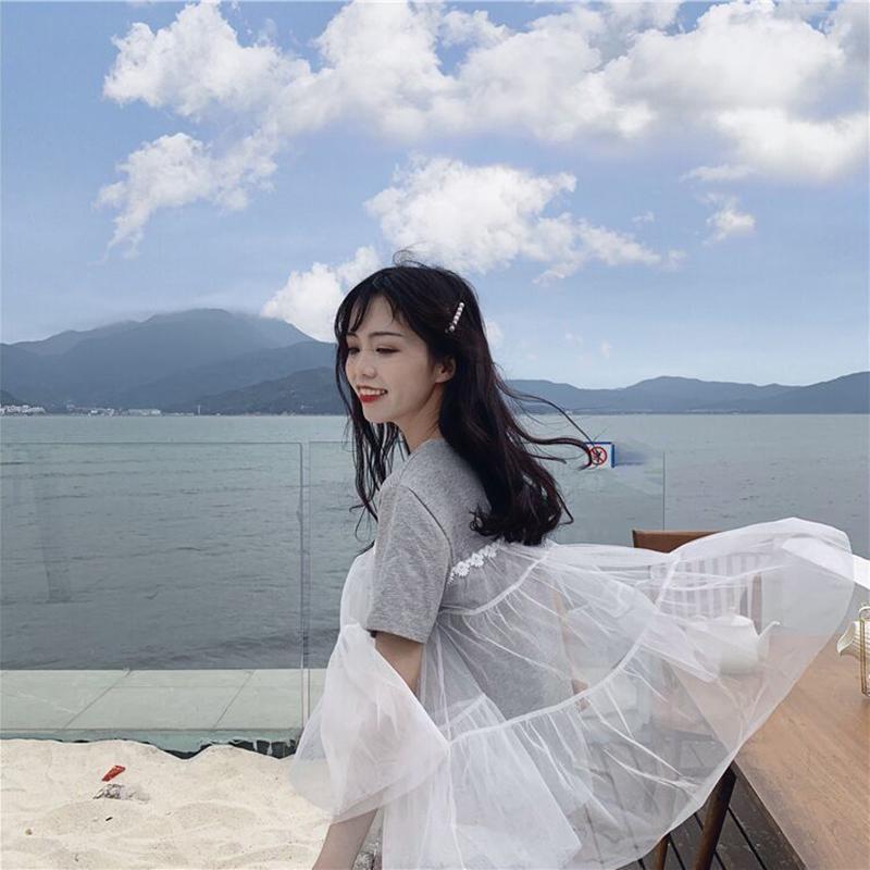 Short-sleeved Female Student Korean Loose T-shirt Summer Sweet Stitching Mesh T-shirt Round Neck Girlfriends Outfit