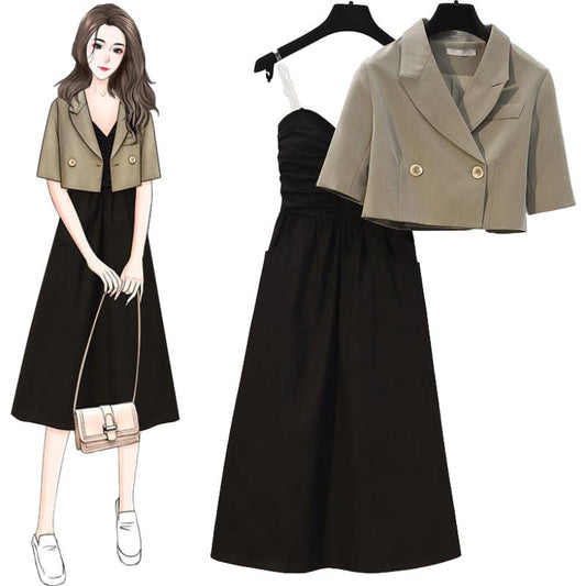 2 Pieces Women Sling Dress Suit Spring and Summer Short Sleeve Button Casual Vacation Office Home