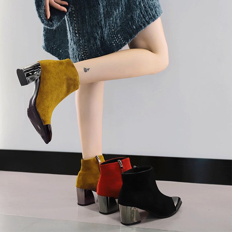 Women Ankle Boots Autumn Winter Red High Heels Boots Ladies Pointed Toe Leather Shoes for Woman