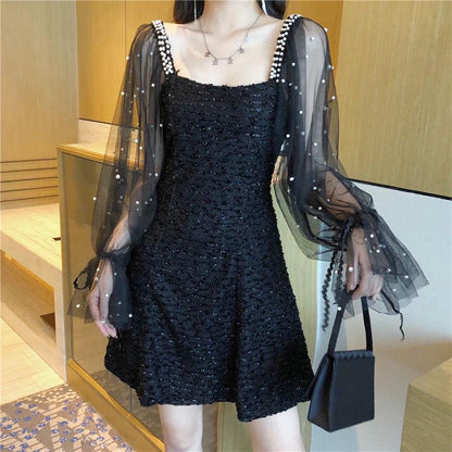 Net yarn dress woman long-sleeved lace dress spring and summer woman clothing fashion sexy slim wild