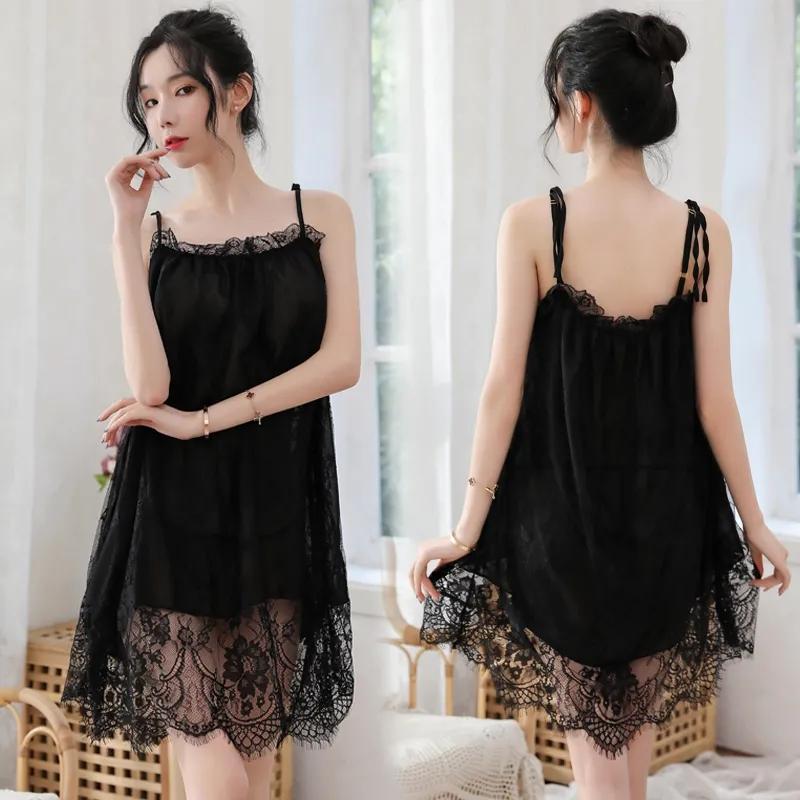 Plus Size 4XL Women's Sling Lace Suspender Nightdress Large Size Lingerie Transparent See-through Homewear Pajamas Dresses