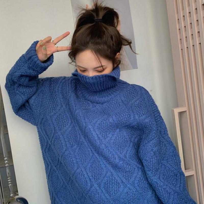 Pofulove Thick Solid Color Twist Turtleneck Sweater Schoolgirl Winter Warm Sweet Pullover Sweater Coat