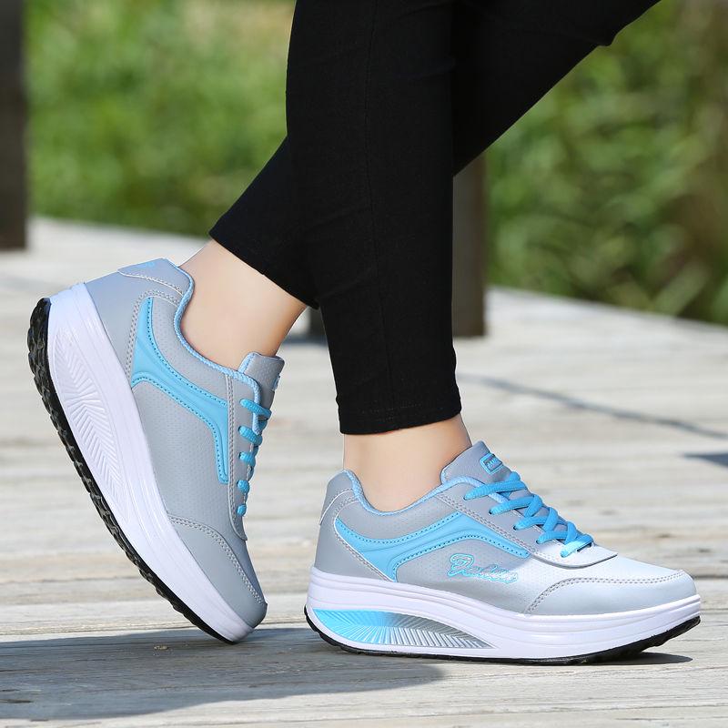 Leather casual sports shoes women thick bottom muffin rocking shoes ladies increased travel shoes