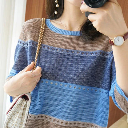 Large Size T-shirt Women Cutout Thin Sweater Five-quarter Sleeve Shirt Casual Loose Pullover for Youth Summer
