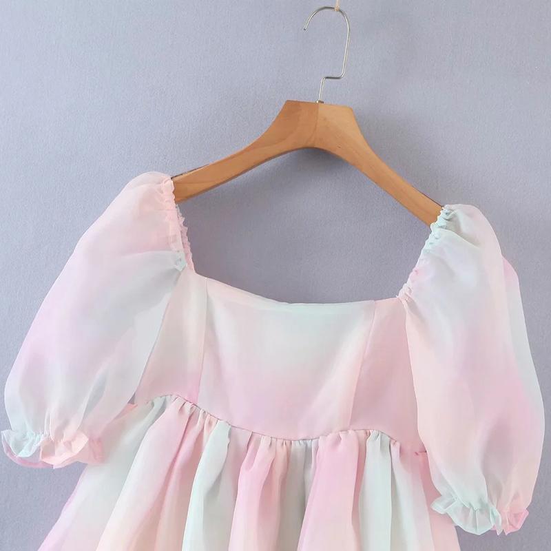 Sweet Women Tie Dye Princess Dresses Summer Multicolor A-line Puff Short Organza Ball Gown Dress