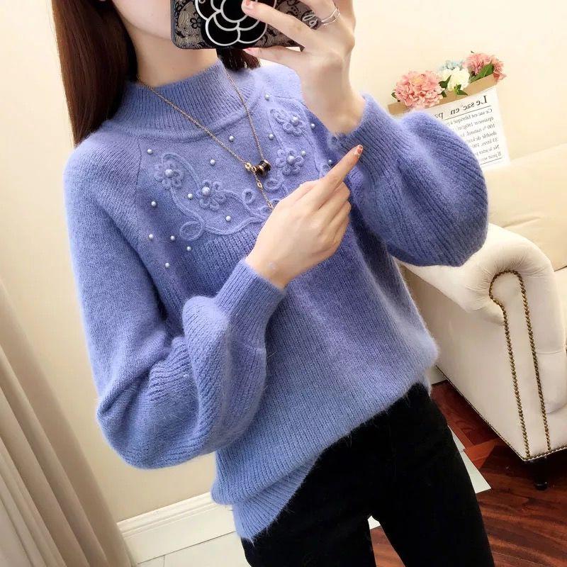 Women Half Turtleneck Short Pearl Pullover Sweater Office Loose Thicken Bottoming Shirt