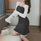 Sweet Wood Ear Knitted Skirt Autumn Stitching Contrast Color Exposed Clavicle Dress