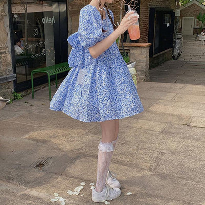 Women's Summer Dress Round Neck Floral Puff Sleeve Loose Skirt