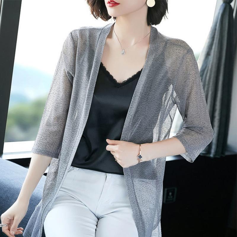Shawl Coat Women's Sun Protection Coat Mid-length Cardigan with Large Size Loose Knitted Thin Mesh Gauze