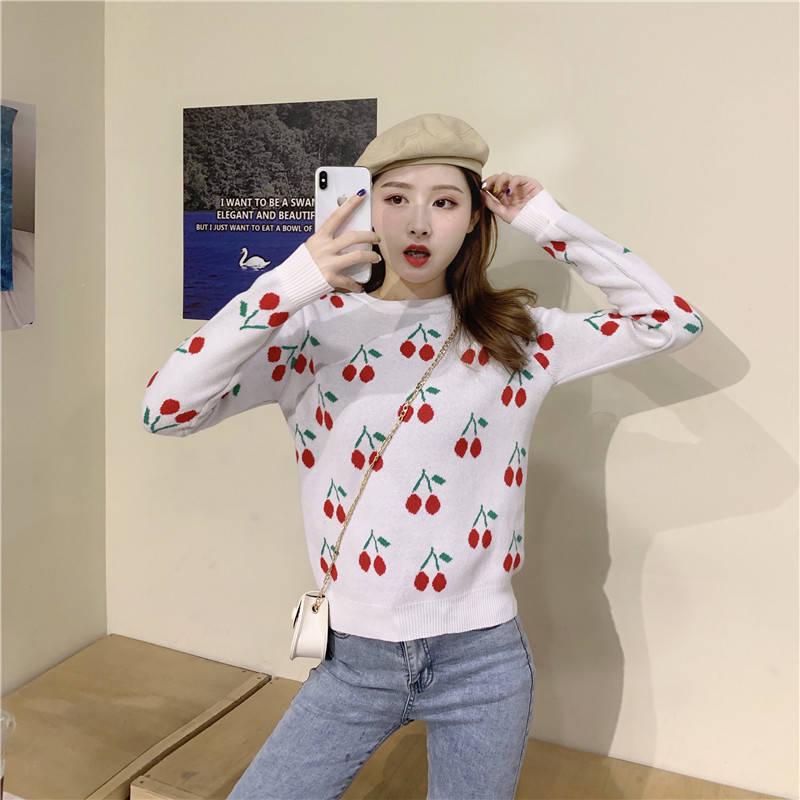 Round Neck Slim Was Thin Sweater Wild Pullover Long Sleeved Cute Cherry Jacquard Sweater