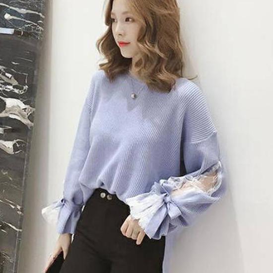 Pofulove Women Crew Neck Lace Bow Cuffs Base Knitwear Chic Skin-friendly Loose Girly Jumper Sweater
